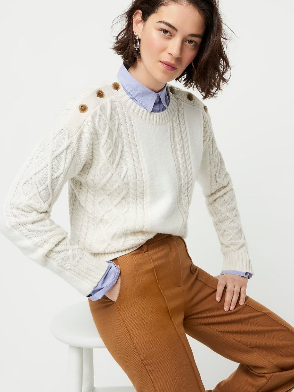 J. Crew Mixed Cable-Knit Sweater with Shoulder Buttons